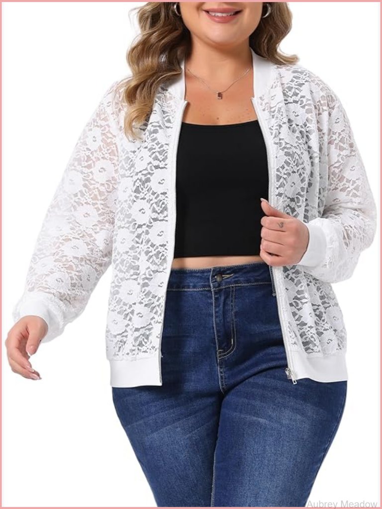 Plus Size Sheer Floral Lace Zip Up Long Sleeve Bomber Jacket